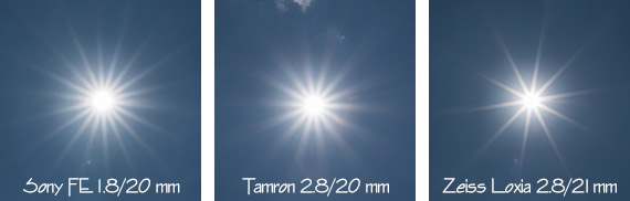 Vergleich Sonnenstern; Sony 20mm, Tamron 20mm, Zeiss 21mm