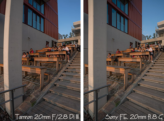 Verzeichnung des Tamron 20mm f/2.8 im Vergleich mit dem Sony FE 20mm f1.8G