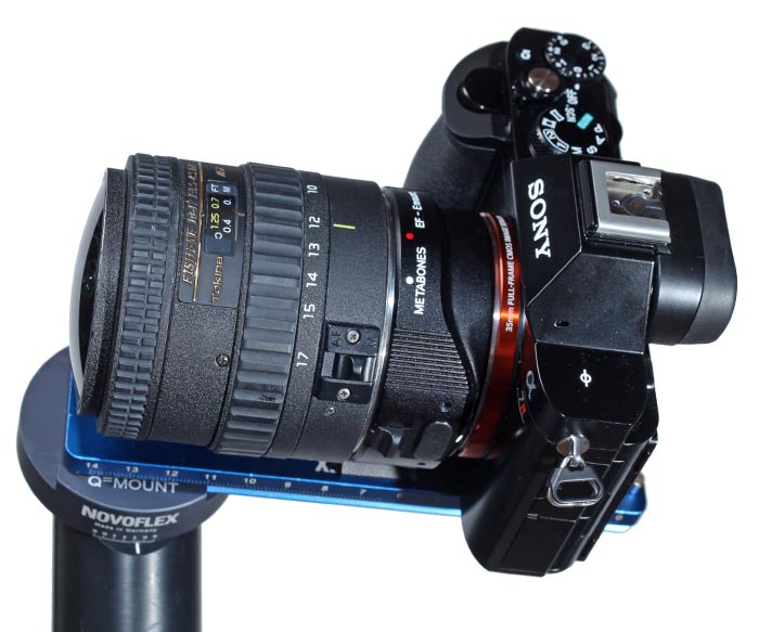 Sony Alpha 7R mit Tokina AT-X 10-17 / 3.5-4.5 Fisheye und Metabones Adapter am Novoflex Panoramakopf VR-System Slant montiert