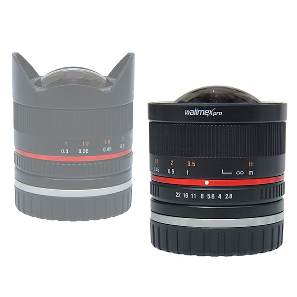 Walimex 8mm/2,8 Pro II Fisheye rasiert, d.h. hier wurde die Gegenlichtblende abgesägt