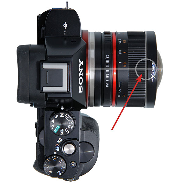 Lage des Nodalpunkt, No Parallax Point, Zentrum der Eintrittspupille beim Walimex 8mm/2,8 Pro II Fisheye